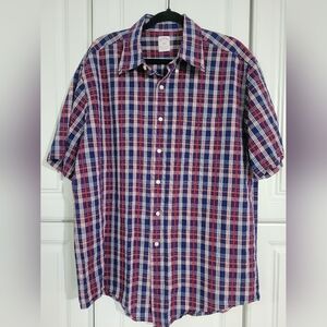Brooks Brothers Men's Classic Plaid Short Sleeve Shirt, Red, Blue, White, Cotton